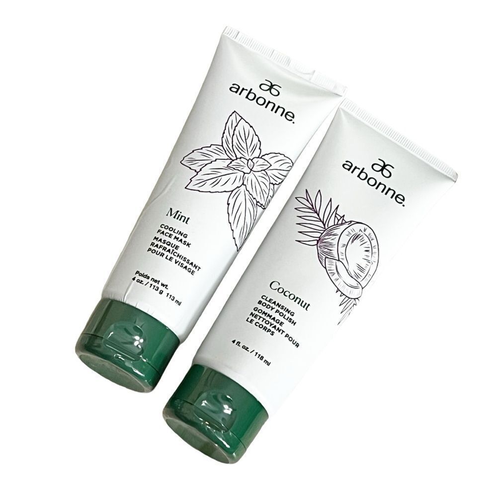 Arbonne 2 PC Set Mint Cooling Face Mask and Coconut Cleansing Body Polish
